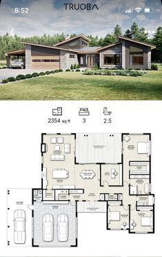 the floor plan for a modern house with two car garages and an open living area