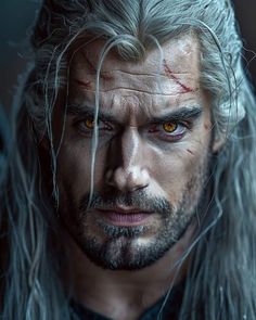 a man with long grey hair and yellow eyes