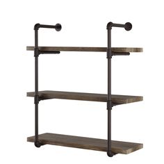 an industrial style shelving unit with three shelves and two pipes on each shelf,