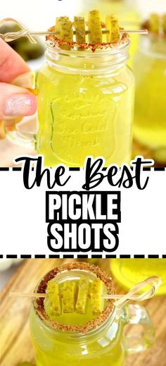 Collage of closeup shot of pickle shot at top and overhead shot of pickle shot at bottom. Pickle Juice Recipe, Dill Pickle Juice, Vodka Mixed Drinks, Drop Kick, Bartender Drinks Recipes