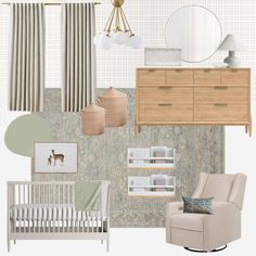 a baby's nursery with neutral colors and accessories