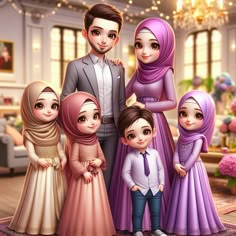 the family is dressed in muslim clothing and posing for a photo with their children,