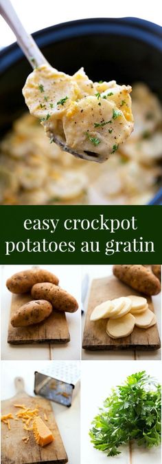 potatoes and gravy in a crockpot with text overlay that reads easy crockpot potatoes au gratin