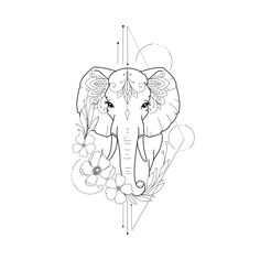 an elephant's head with flowers and leaves in the center on a white background