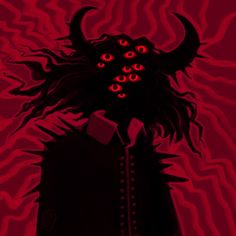 an evil looking man with horns and red eyes