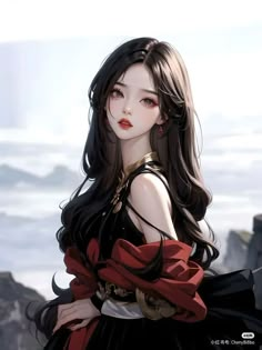 a woman with long black hair wearing a red and black dress standing on top of a mountain