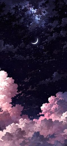 the night sky is filled with clouds and stars, as well as a crescent moon