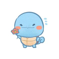 a drawing of a blue turtle holding a flower