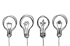 four light bulbs with the word love written on them and one has a heart in it