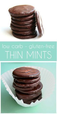 chocolate cookies stacked on top of each other with the words low carb gluten - free thin mints