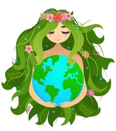 a girl holding the earth in her hands with flowers on her head and leaves around her shoulders