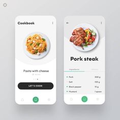 two app screens showing food items on the same page, one with steak and pasta