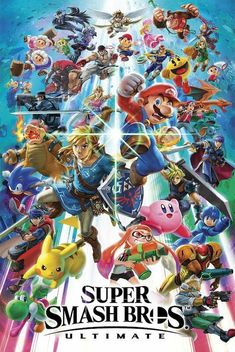 super smash bros ultimate poster with all the characters and their names on it's side