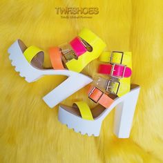 Multi Buckle Strap Open Toe Platform Sandals Cushioned Insole Lug Sole Measurement Heel Height: 5" (Approx) Platform 1.5" Yellow Platform High Heels, Yellow Closed Toe Platform Heels, Trendy Yellow Sandals For Party, Yellow Synthetic Closed Toe Heels, Yellow Synthetic Closed-toe Heels, Yellow Closed Toe Heels In Synthetic Material, Trendy Yellow High Heels, Trendy Neon Yellow Round Toe Heels, Trendy Yellow Round Toe Heels