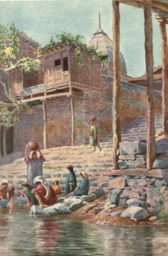 an old painting of people washing in the water near some buildings and steps with trees