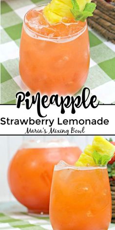 the pineapple strawberry lemonade is garnished with fresh fruit