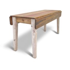 a small wooden table with one leg extended and two legs down the middle, against a white background