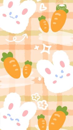 an image of carrots and bunny faces on a checkered tablecloth background,