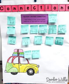 a bulletin board with sticky notes on it and a yellow car in the middle surrounded by post - it notes