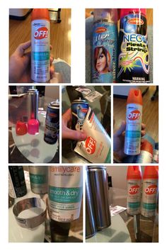 several pictures of different types of deodorant and aerosols on a table