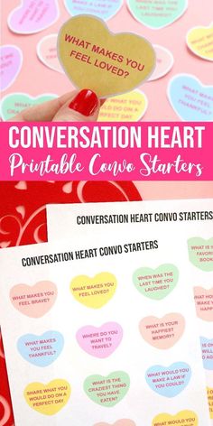 Valentine’s Game – Conversation Heart Convo Starters Convo Starters, Valentine's Day Party Games, Valentine Party Game, Adult Valentines, Valentines Games, Diy Heart, Galentines Party, Valentine's Day Games, Conversation Heart