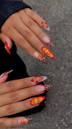 Ramen Noodle Nails, Nail Inspo Almond Orange, Groovy Almond Nails, Hmong Nails Design, Drippy Nail Design, Simple Colorful Nail Designs, Short Almond Nails Orange, Fall Nails With Charms, Garba Nails