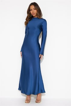 Long Sleeve Maxi Satin Dress, Vintage Formal Dresses Long Classy, Fitted Royal Blue Satin Dress, Royal Blue Fitted Satin Dress, Fitted Dinner Dress With Bias Cut, Fitted Bias Cut Maxi Dress For Dinner, Blue Bias Cut Maxi Dress For Prom, Blue Fitted Satin Gown, Formal Blue Midi Dress With Fitted Bodice