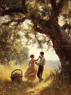 a painting of two people standing in the grass under a tree with a basket next to them