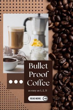 a coffee advertisement is displayed on a brown background with coffee beans and a cup of coffee