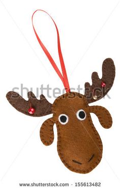 felt moose ornament hanging on a red ribbon