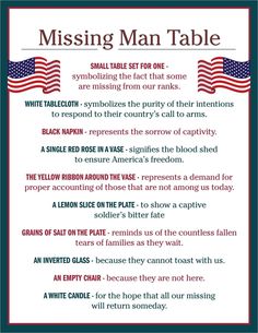 the missing man table with an american flag on it and some other things to read