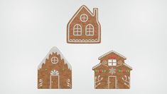 three gingerbread houses are shown on a white background