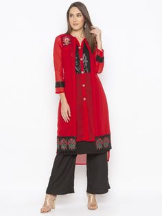 Red Double Layered Georgette Mid Length Indo Western Style Kurta With Black Sequence Detailing On Inner Kurta And Full Sleeves Edge With Embroidery Around Neckline And Hemline And Embroidered Bead Work Button Detailing On Front Placket. Black Culottes, Straight Kurta, Indo Western, Western Style, Full Sleeve, Western Fashion