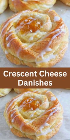 two different views of cheese danishes with icing