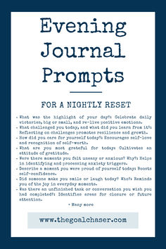 the front cover of an evening journal with text reading evening journal prompts for a nightly rest