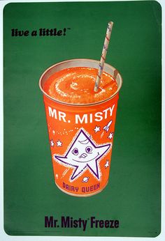 an orange drink with a straw in it and the words mr misty freeze on top