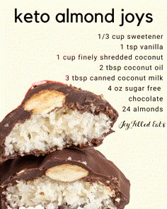 two pieces of chocolate with nuts and coconut on top are shown in front of an ad for keto almond joys