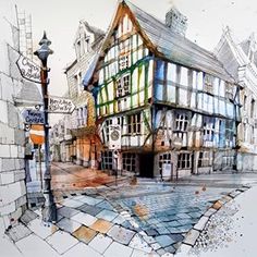 an artistic drawing of a building on a street corner