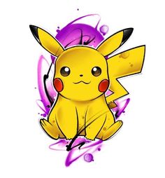 a drawing of a pikachu sitting on top of a purple and pink background