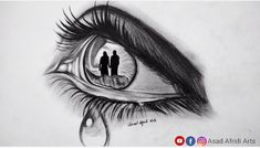 a pencil drawing of two people looking at each other through an eye