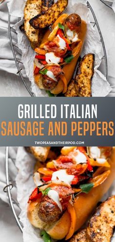 grilled italian sausage and peppers on a plate with text overlay that reads grilled italian sausage and peppers