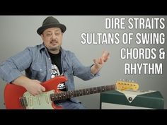 a man is playing guitar with the words diree strats guitars of swing chords and rhythm