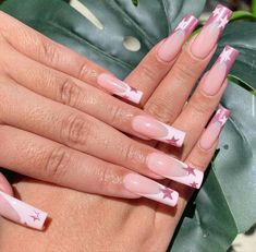 Long Square Acrylic Nails Star, Pink Star Nails Acrylic Y2k, Pink French Tips With Stars, Pink And Silver Star Nails, Pink Nails With Stars, Pink French Tip Nails With Design, Star Nails Pink, Star French Tip Nails, French Tips With Stars