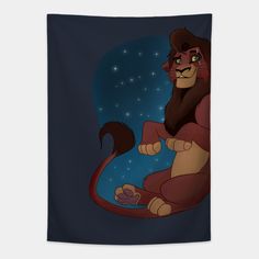 a cartoon lion sitting on the ground with stars in the sky behind it and looking at something