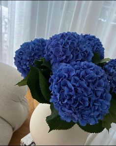 a white vase filled with blue flowers on top of a table