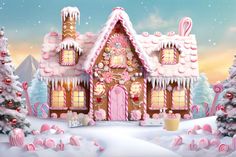 a large gingerbread house decorated with candy and candies in the snow, surrounded by christmas trees