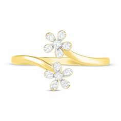 This gorgeous toe ring is perfect for sandal season. Set in beautiful 10K yellow gold, the design features two flower designs embellished with sparkling round-cut diamonds. Gold Flower Toe Ring For Festive Occasions, Gold Festive Flower Toe Ring, Yellow Gold Flower Toe Ring For Anniversary, Unique Yellow Gold Toe Rings, Yellow Gold Brilliant Cut Flower Ring, 22k Yellow Gold Toe Rings, Diamond Flower, Toe Rings, Round Cut