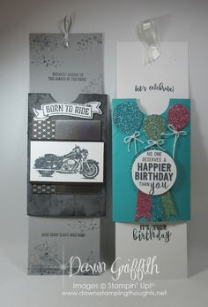 two cards with different designs on them, one has a motorcycle and the other is a happy birthday