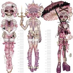 three different types of pink and white costumes