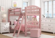 a child's bedroom with pink furniture and white walls, including a bunk bed